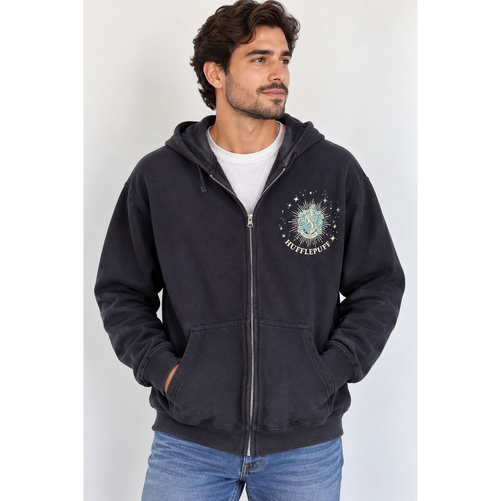 Harry Potter Hufflepuff Hoodie Medium Navy Blue Forbidden Forest Zip Up Merch